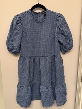 New Look Navy and Black Gingham Puff-Sleeve Tiered Dress US Size 6
